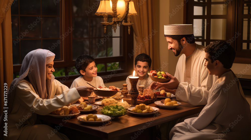 Muslim family at the dining table during ramadan Muslim family at the dining table during ramadan