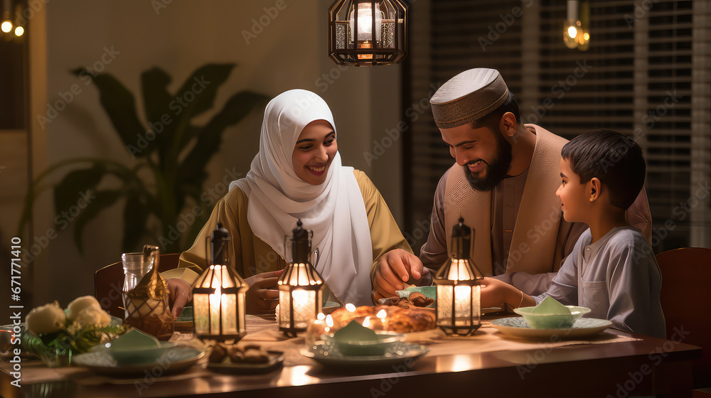Muslim family at the dining table during ramadan