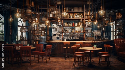 A vintage-themed caf?(C) brimming with antiquated furniture, hanging Edison bulbs, and a retro espresso machine. photo