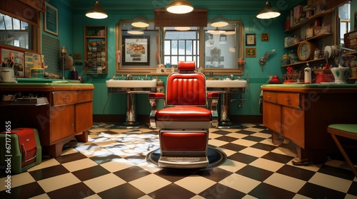 A vintage barbershop, featuring checkered floors, retro chairs, and a collection of pomades on wooden shelves.
