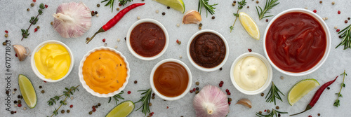 Different types of sauces in bowls with seasonings banner, rosemary and pepper, thyme and garlic, lime and lemon, cilantro, top view, copy space