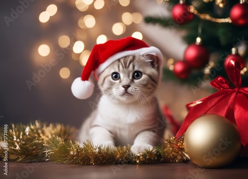 A Scottish fold kitten in a Santa Claus hat and a bow on his neck sits under the New Year's tree among New Year's gifts