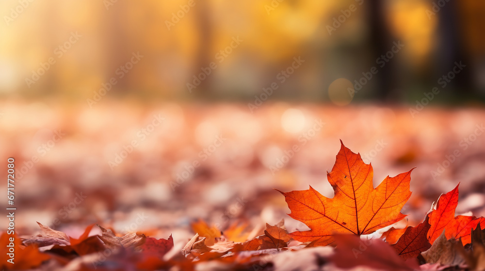 Autumn fall holiday seasonal banner landscape panorama - Closeup of colorful maple leaves on the ground in a park, with defocused background with bokeh Autumn fall holiday seasonal banner landscape panorama - Closeup of colorful maple leaves on the ground in a park, with defocused background with bokeh