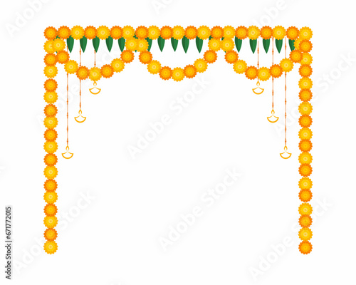 Happy Diwali Celebration with Traditional Indian floral garland with marigold flowers mango leaves and hanging diya