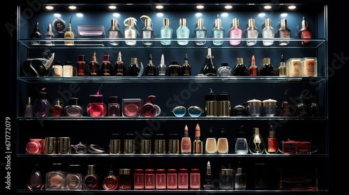 Mascaras, eyeliners, and an array of nail polishes elegantly displayed on a glass shelf, set against a dramatic black curtain. photo