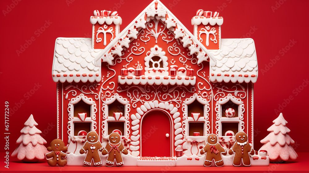 Christmas xmas advent gingerbread house celebration holiday greeting card - Gingerbreadhouse made of cookies and white icing, isolated on red background