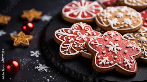 Christmas Saint Nicholas food bakery bake baking photography background - Closeup of gingerbread santa claus cookies, with white icing and decoration on black concrete table