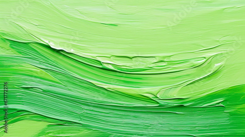 Closeup of abstract rough colorful neon green colors art painting texture background wallpaper, with oil or acrylic brushstroke waves, pallet knife paint on canvas