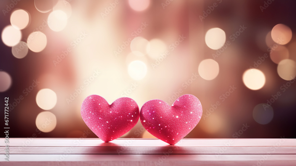 Happy Valentine's Day valentines day, love or birthday celebration holiday background banner illustration greeting card - Two pink hearts on table with bokeh lights and glitter Happy Valentine's Day valentines day, love or birthday celebration holiday background banner illustration greeting card - Two pink hearts on table with bokeh lights and glitter