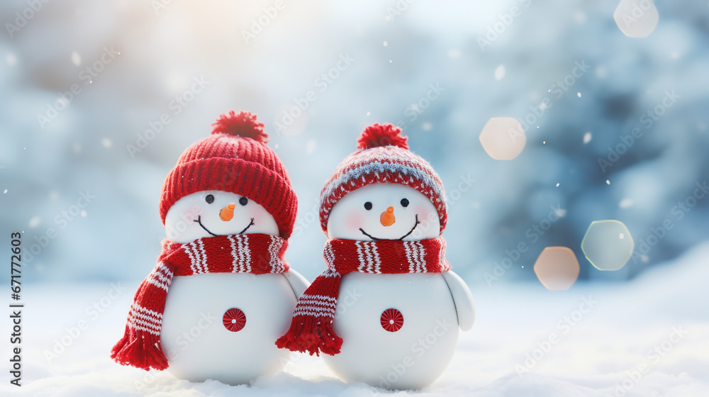 Winter holiday christmas background banner - Closeup of two cute funny laughing snowmen with red wool hat and scarf, on snowy snow snowscape