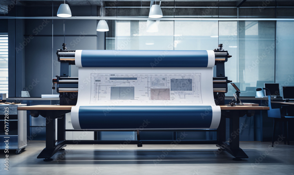 A large format printer prints a map or building plans on a roll of paper. Printing, publishing industry. A large format printer prints a map or building plans on a roll of paper. Printing, publishing industry.