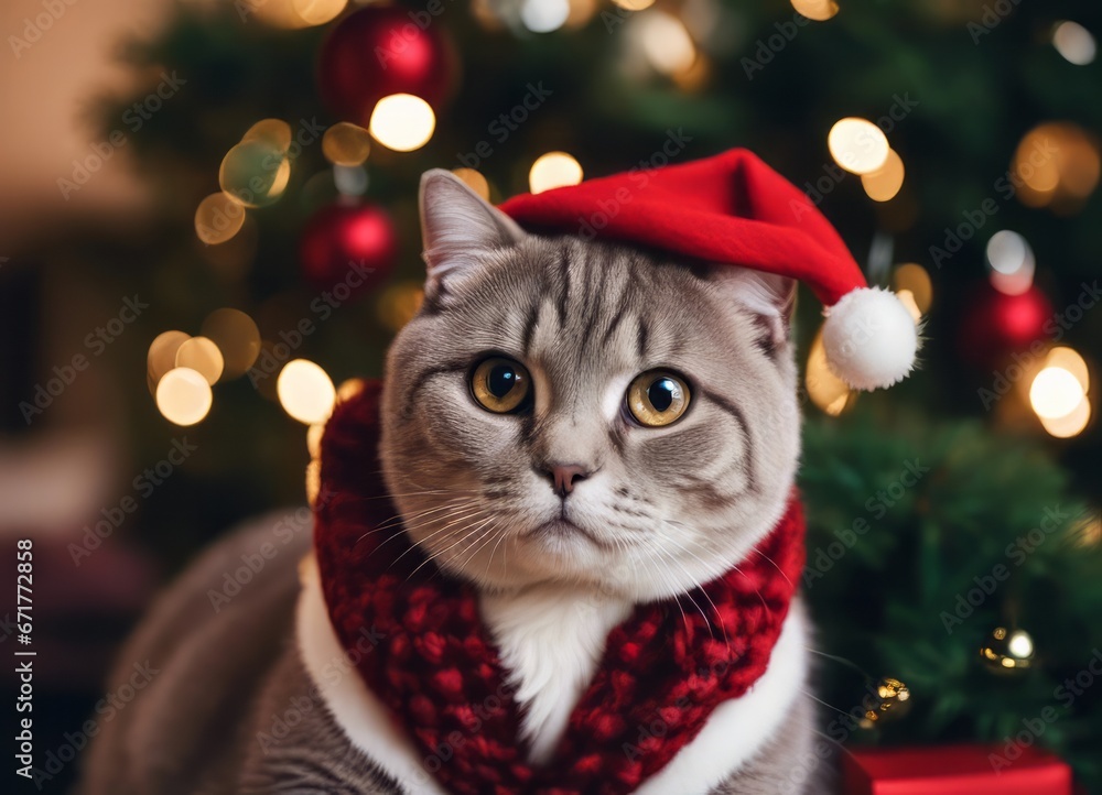 A Scottish fold cat in a Santa Claus hat and a bow on his neck sits under the New Year's tree among New Year's gifts A Scottish fold cat in a Santa Claus hat and a bow on his neck sits under the New Year's tree among New Year's gifts