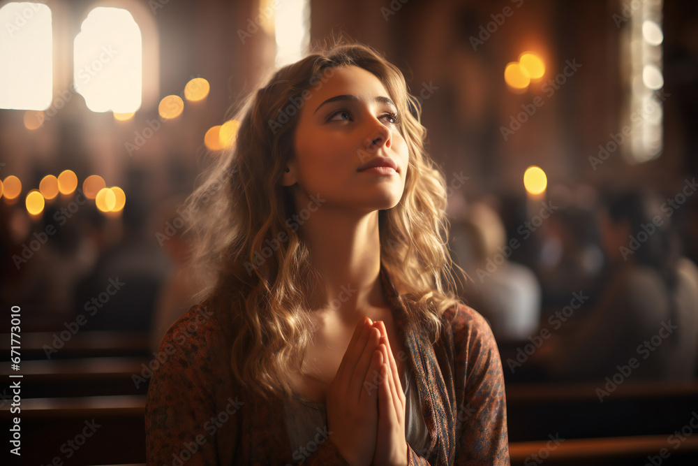 The young girl praying in a holy place,ai generated