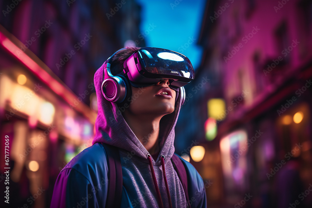 Teenager immersed in VR metaverse, playing video game with virtual reality headset on neon cyberpunk city street, experiencing futuristic technology,ai generated