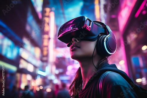 Teenager immersed in VR metaverse, playing video game with virtual reality headset on neon cyberpunk city street, experiencing futuristic technology,ai generated © Veronica