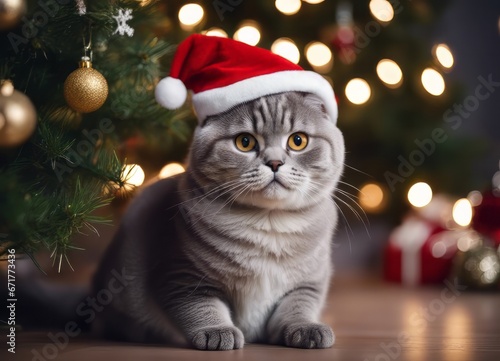 A Scottish fold cat in a Santa Claus hat and a bow on his neck sits under the New Year's tree among New Year's gifts