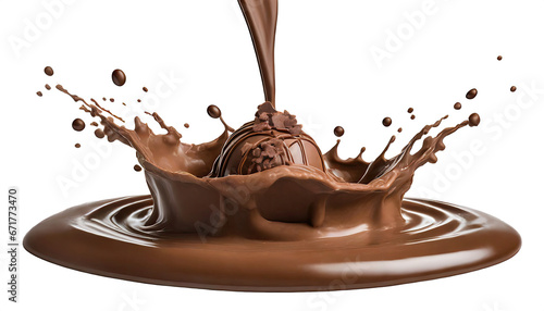 Chocolate drops with bar, dark brown liquid glossy ganache sauce or syrup blobs, and melt smudges, pouring. Isolated on a transparent background. PNG cutout or clipping path.	
