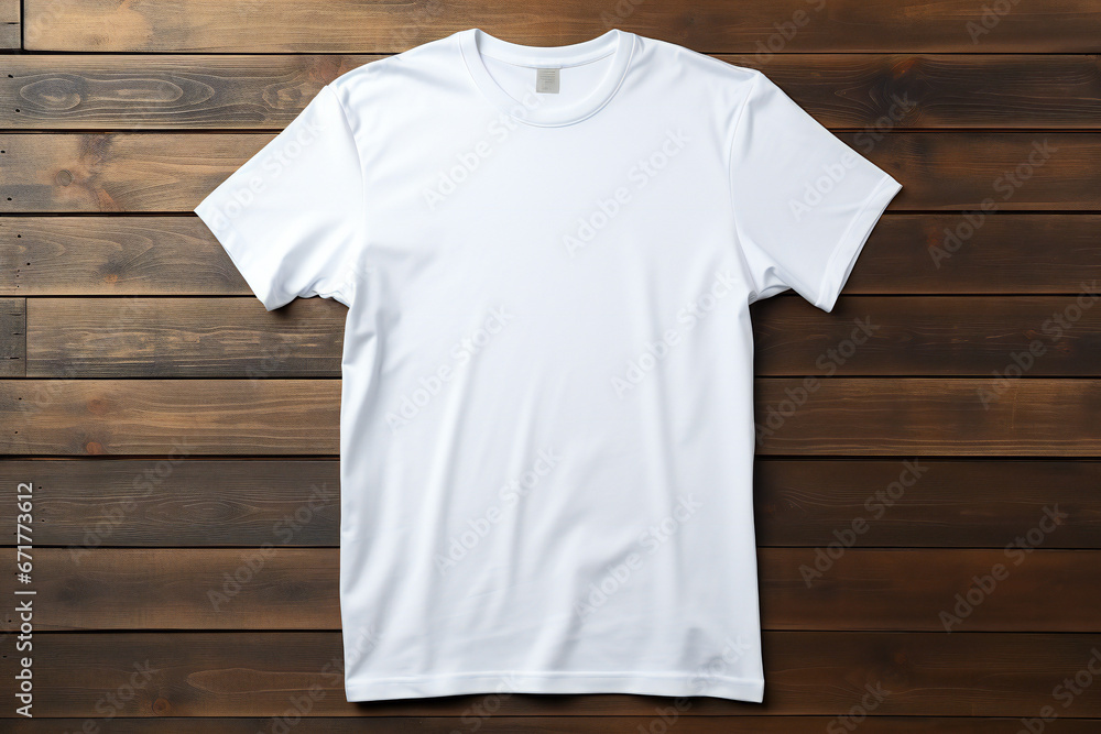 Stylish white mens T-shirt on a wooden background,ai generated Stylish white mens T-shirt on a wooden background,ai generated