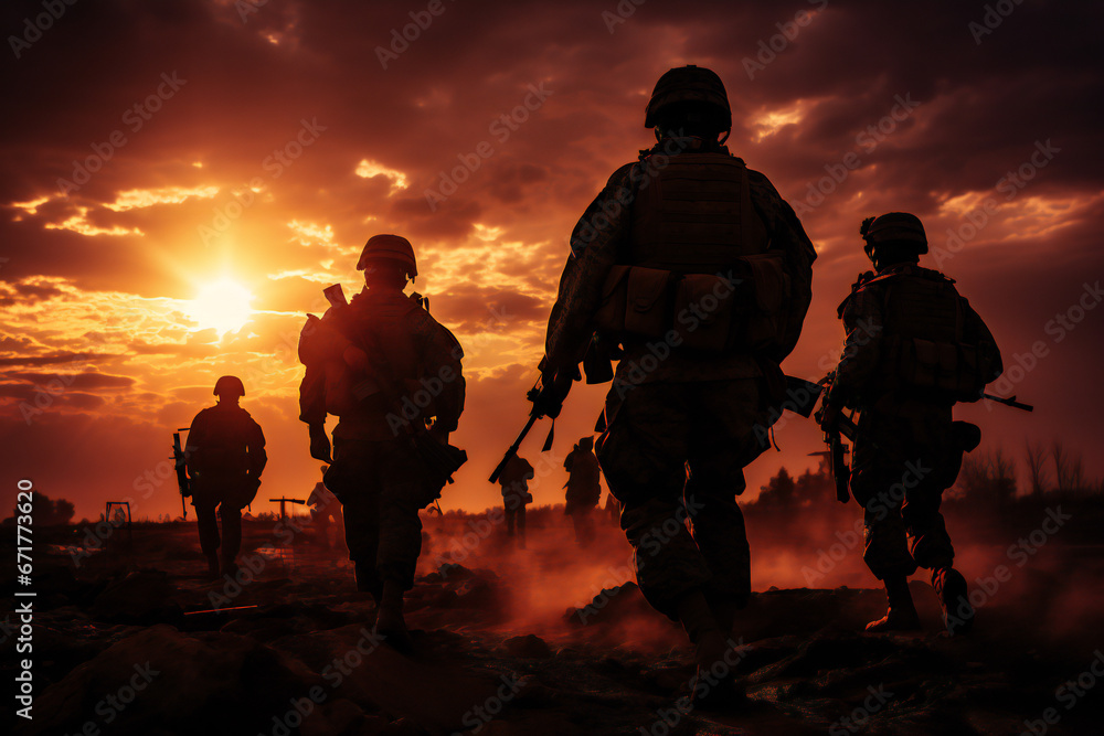 Silhouettes of soldiers at sunset,ai generated