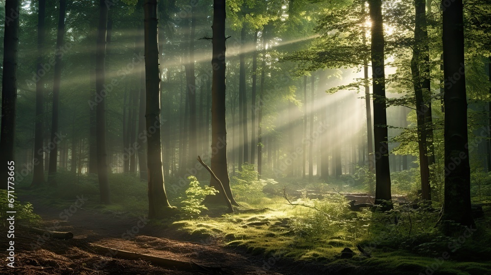 Naklejka premium Wooden forest trees on golden sunlight. AI generated image
