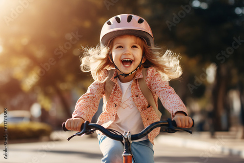 Little girl riding bike outdoors in city park,ai generated