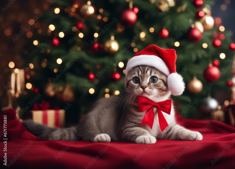 A Scottish fold kitten in a Santa Claus hat and a bow on his neck sits under the New Year's tree among New Year's gifts