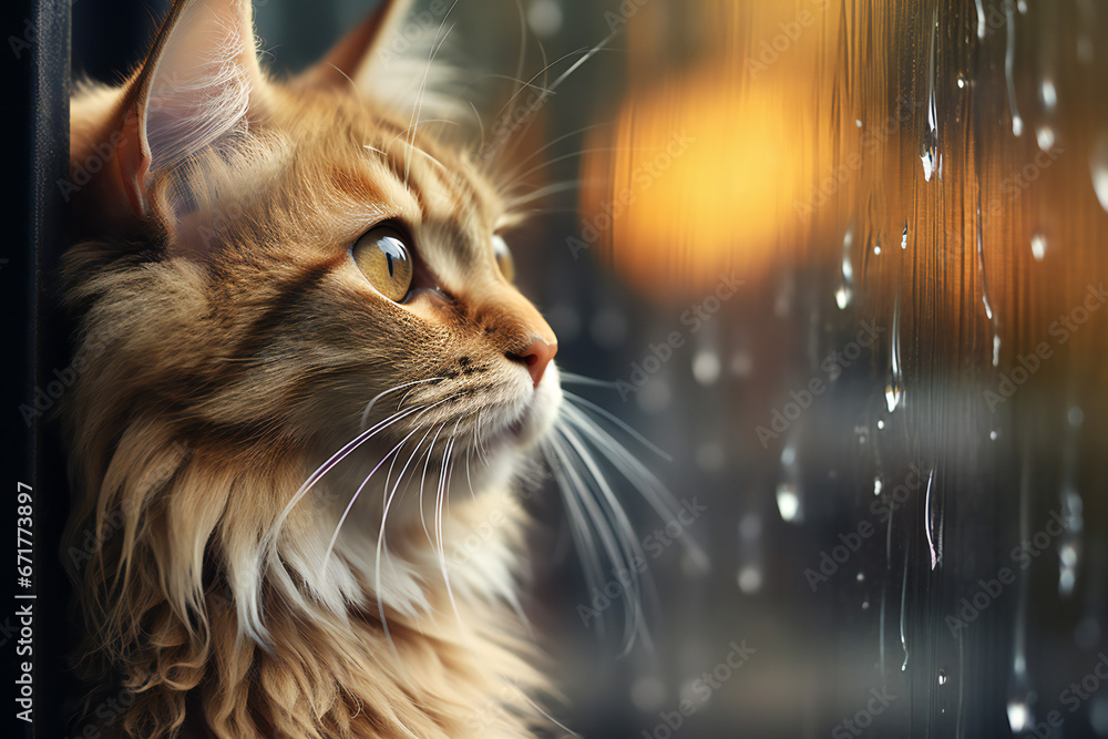 Cute cat against a window looks in the rain outside,ai generated
