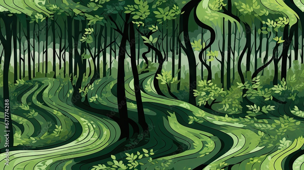  a painting of a green forest with trees and a stream of water running through the center of the image is a digital painting.  generative ai
