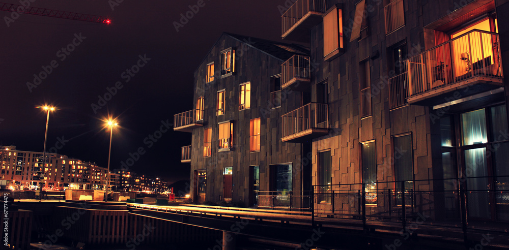 Oslo's city part Bjørvika at nighttime.