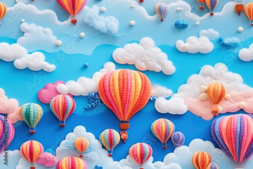 Feutrage abstrait broderie pour enfants imprimé ballons colorés aéronautes dans un paysage de couleurs vives, ciel bleu sur fond de nuages mignons dégradés. IA générative, IA