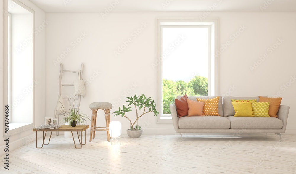 White scandinavian interior design with sofa. 3D illustration White scandinavian interior design with sofa. 3D illustration
