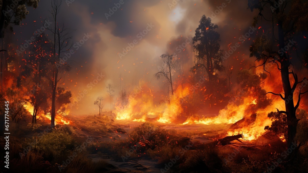 Wildfire burning tree in the forest at night. AI generated image Wildfire burning tree in the forest at night. AI generated image