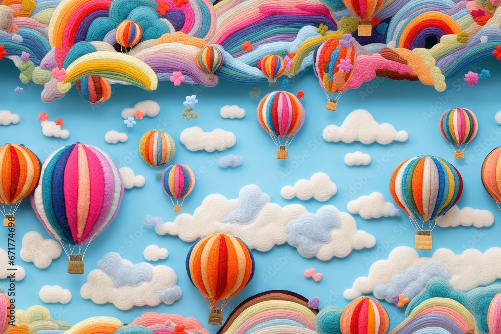 Feutrage abstrait broderie pour enfants imprimé ballons colorés aéronautes dans un paysage de couleurs vives, ciel bleu sur fond de nuages mignons dégradés. IA générative, IA