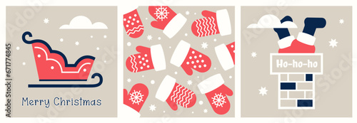 Set of Christmas cards. Minimalist winter elements. Red warm knitted mittens, festive sleigh. Santa climbs through chimney. Traditional Christmas gift delivery concept. Vector flat illustration