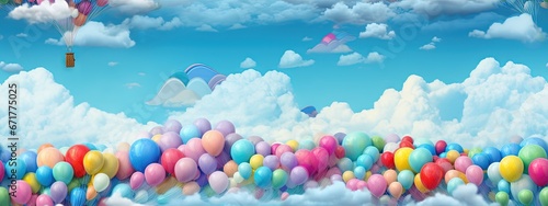 Tableau sur toile Feutrage abstrait broderie pour enfants imprimé ballons colorés aéronautes dans un paysage de couleurs vives, ciel bleu sur fond de nuages mignons dégradés