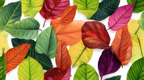  a group of different colored leaves on a white surface with green  red  orange  yellow  and green leaves.  generative ai