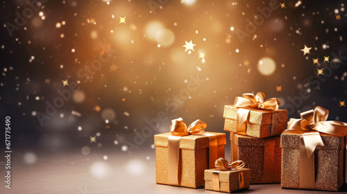 Gift boxes on bokeh background. Christmas and New Year concept.