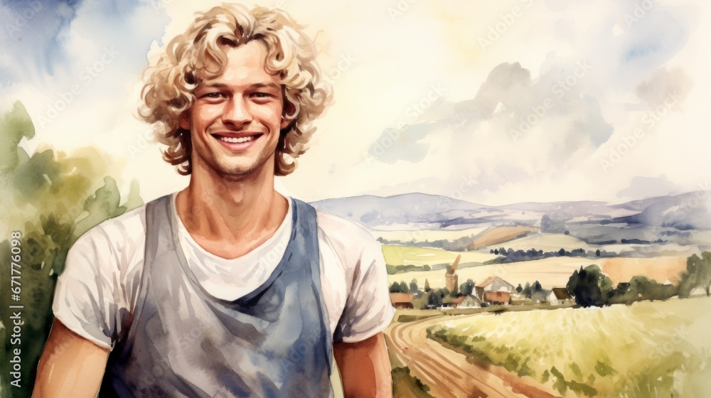 Smiling Teen White Man with Blond Curly Hair Watercolor Illustration. Portrait of a Farmer on rural area background. Creative Drawing. Ai Generated Horizontal Illustration.