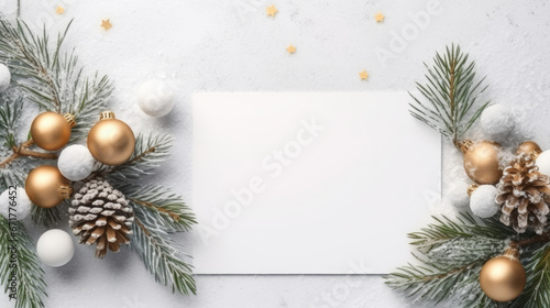 Creative layout made of Christmas tree branches with paper card note.