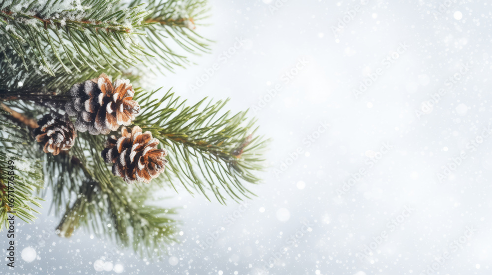 Close-up of a christmas tree branch with a cone under the snow Close-up of a christmas tree branch with a cone under the snow