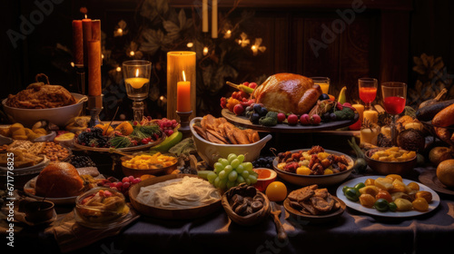 Thanksgiving feast spread out on a table, illuminated by warm candlelight, featuring a turkey centerpiece surrounded by an array of dishes, fruits, and drinks.