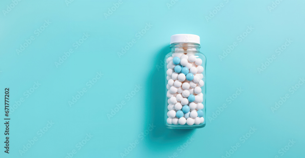 A transparent jar filled with harmonious blue and white pills, poised against a tranquil blue background. A transparent jar filled with harmonious blue and white pills, poised against a tranquil blue background.
