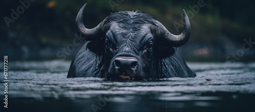 The lone Black Buffalo submerging itself in the water