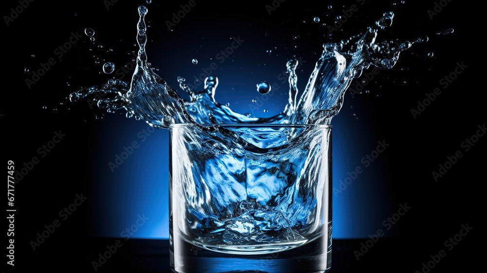 Transparent pure water splashes out of glass on dark background. AI generated image Transparent pure water splashes out of glass on dark background. AI generated image