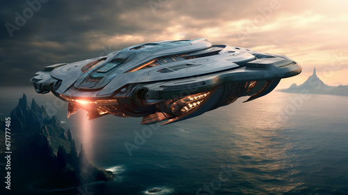 spaceship flying UFO alien  over the earth desktop wallpaper © Volodymyr
