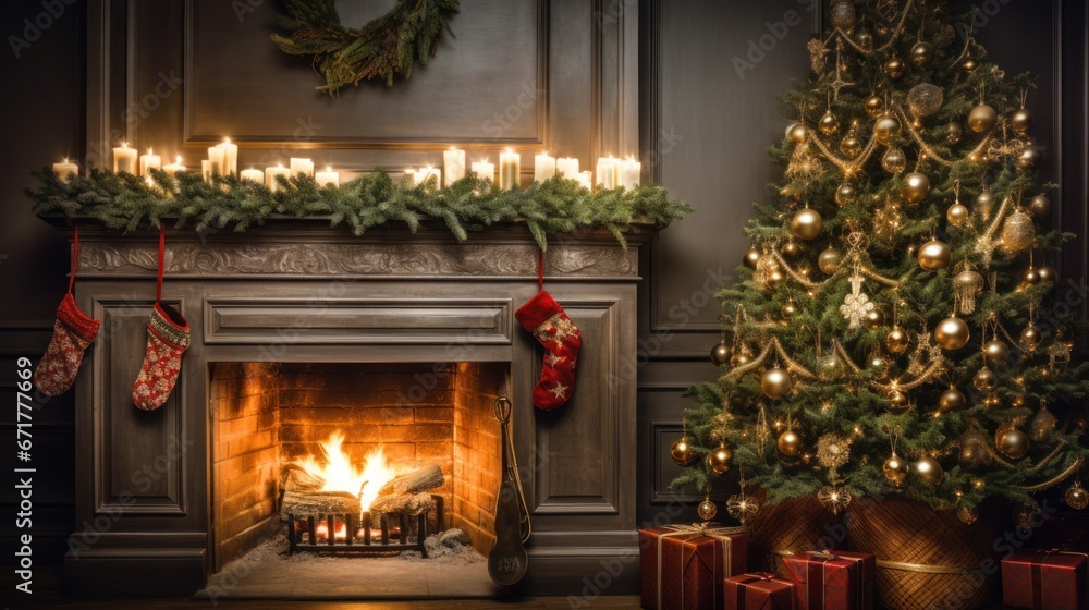 Decorated Christmas Tree Near Fireplace at Home Decorated Christmas Tree Near Fireplace at Home