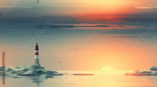  a painting of a lighthouse in the middle of a body of water with a boat in the water and a sunset in the background.  generative ai