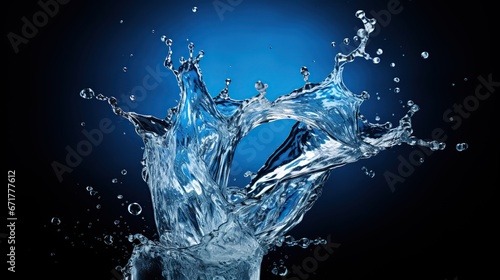 Transparent pure water splashes out of glass on dark background. AI generated image