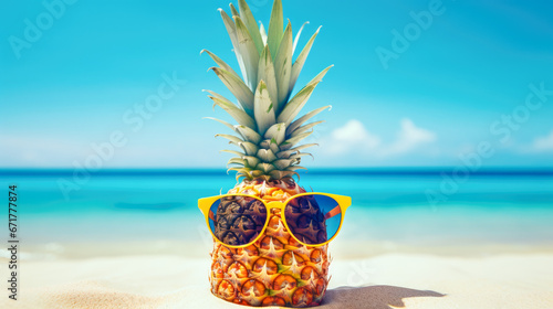 Pineapple with sunglasses on the beach. Vacation concept.