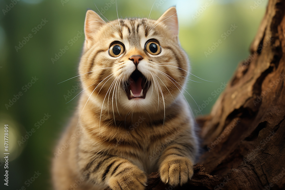 Cat that has a mouth open, humor meme on the blur background Cat that has a mouth open, humor meme on the blur background